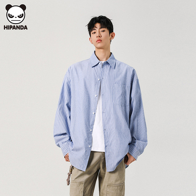 Hi Panda蓝色条纹长袖衬衫男生春季2026新款宽松潮牌美式休闲衬衣
