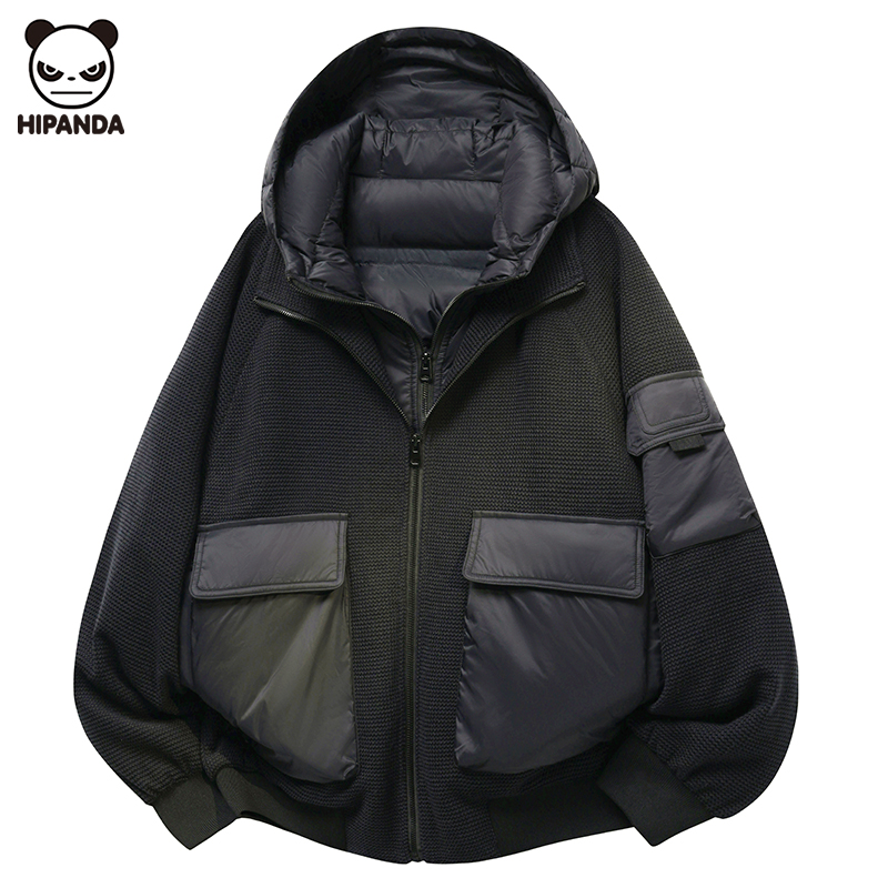 Hi Panda冬季新款鸭绒针织连帽羽绒服男士潮牌美式加厚保暖外套潮