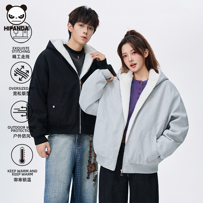 Hi Panda潮牌加厚连帽卫衣男女情侣冬季新款美式宽松百搭开衫外套