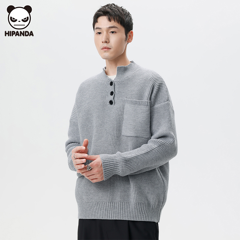 Hi Panda简约半纽扣套头毛衣男秋冬高级感宽松慵懒口袋针织衫上衣