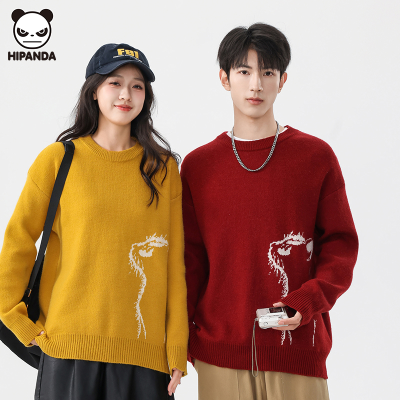 Hi Panda小猫提花圣诞毛衣男女秋冬宽松慵懒风美式圆领针织衫上衣
