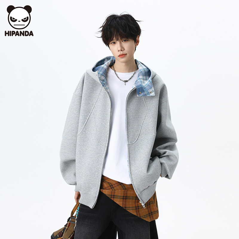 Hi Panda潮牌格子拼接连帽开衫卫衣男款秋冬新款宽松休闲拉链外套