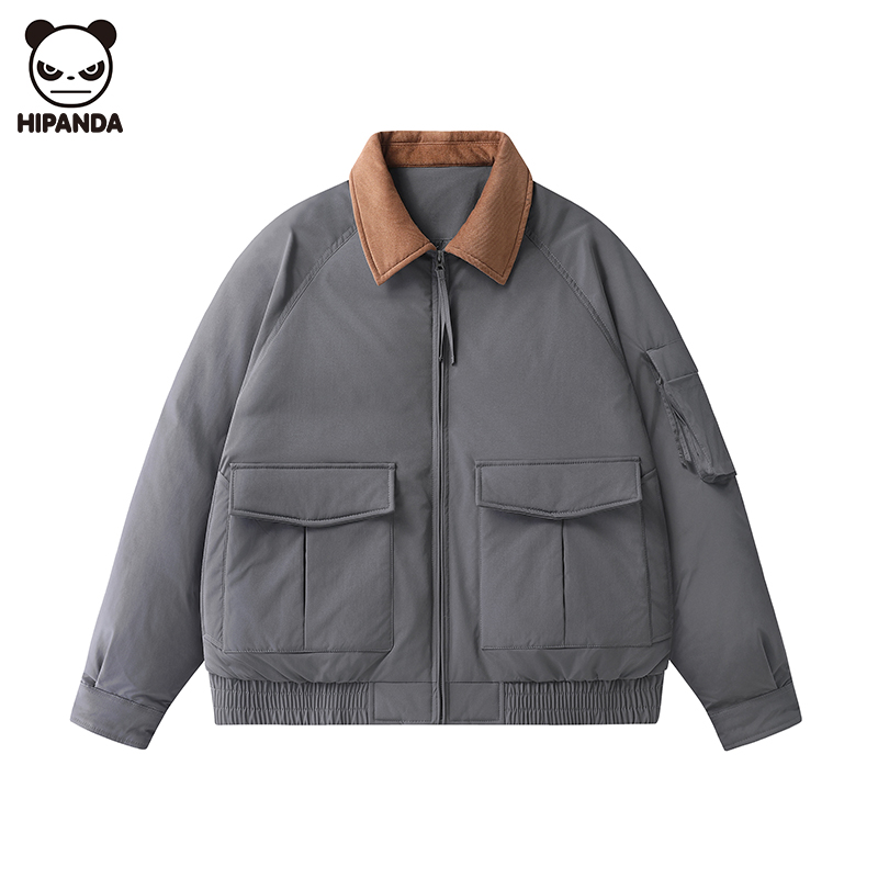 Hi Panda冬季鸭绒撞色翻领羽绒服男生潮牌宽松加厚工装美式外套潮