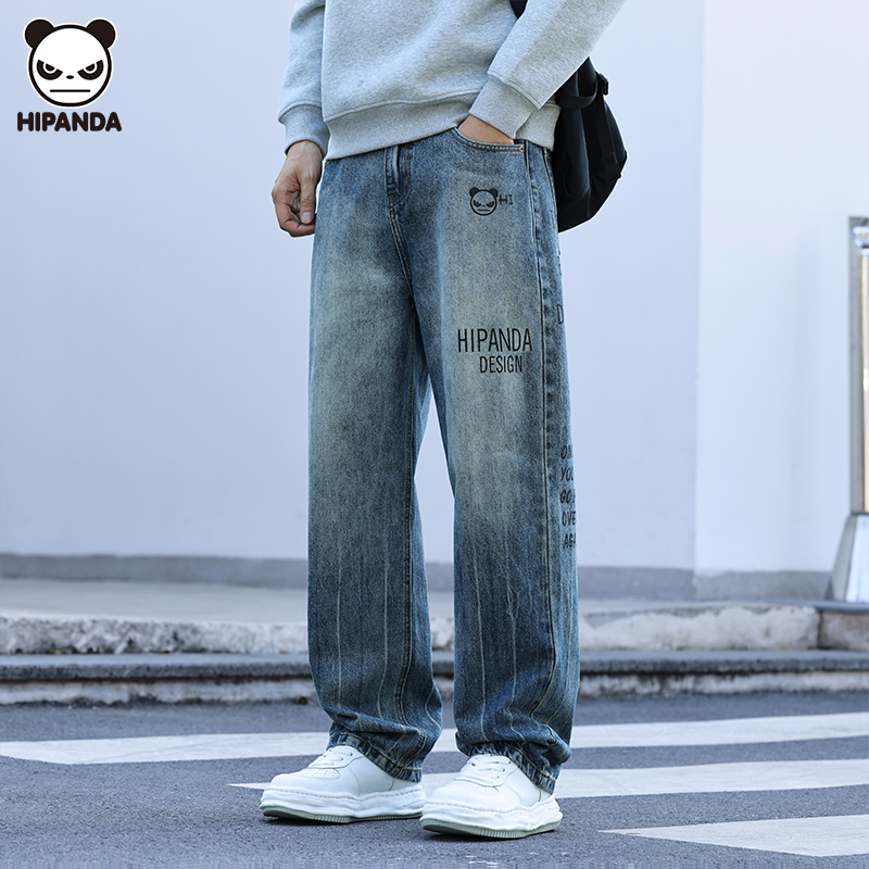 你好熊猫拉链长裤刺绣秋冬牛仔裤