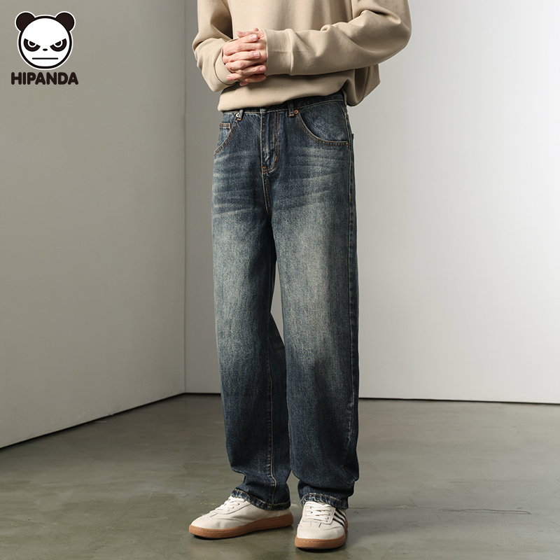 Hi Panda复古水洗直筒牛仔裤男士秋冬季新款美式宽松休闲阔腿裤子