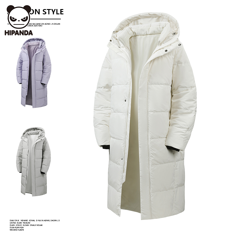 Hi Panda潮牌中长款鸭绒羽绒服男女情侣款冬季保暖加厚连帽外套潮