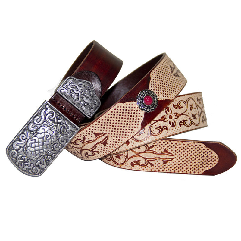 头层牛皮民族风腰带蒙古袍个性男女士压花装饰腰带国风 厂家直销