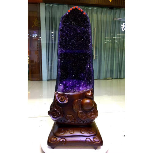 实木底座紫水晶洞聚宝盆天然原石