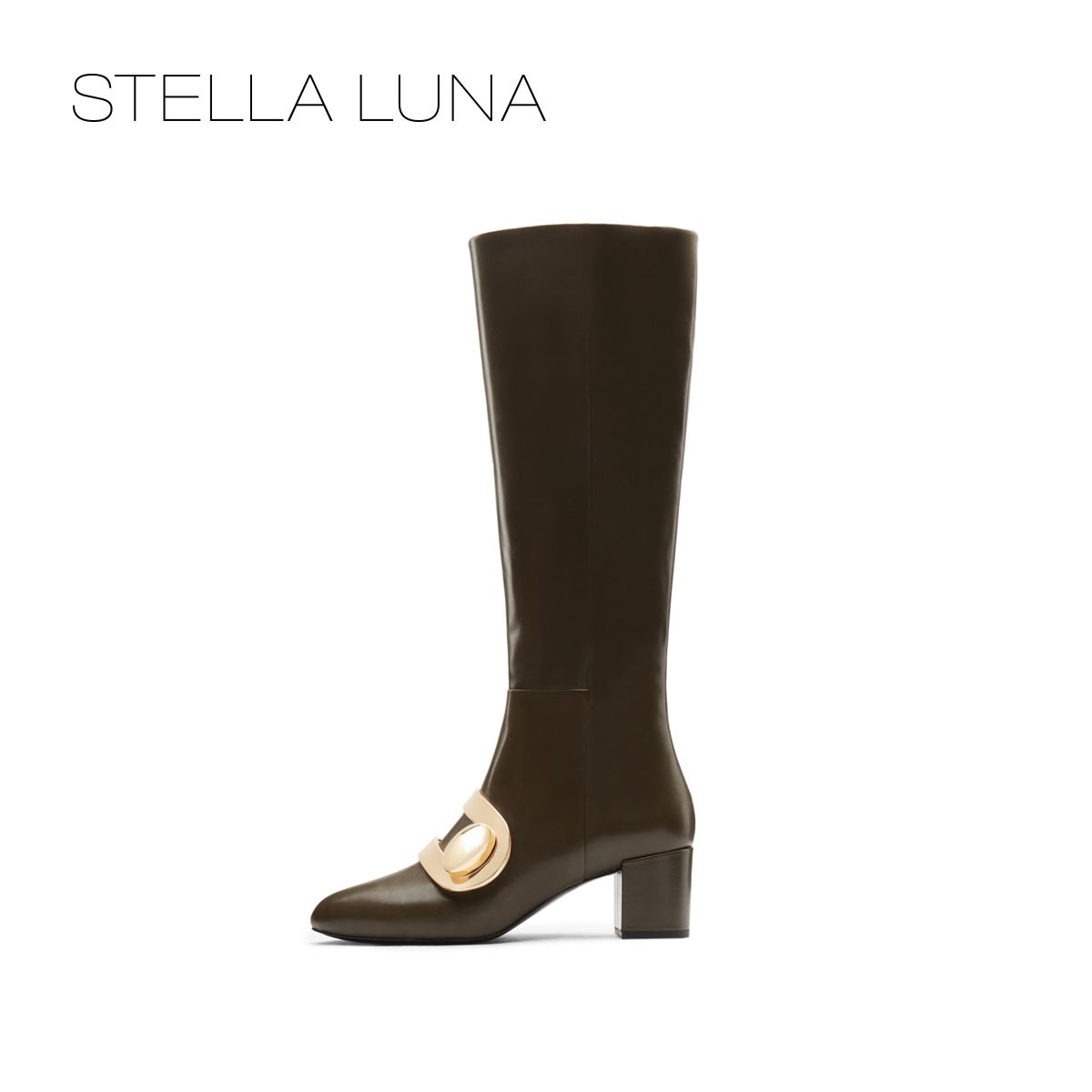 STELLALUNA露娜牛皮粗跟长靴