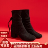 STELLA 秋冬粗跟圆头显瘦短靴女简约弹力袜靴瘦瘦靴SS17111