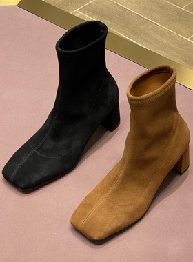 露娜女鞋LUNA方头粗跟法式短靴套筒弹力靴舒适百搭瘦瘦靴SL322106