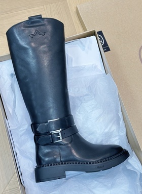 ASH女鞋圆头厚底皮带扣机车靴金属扣粗跟靴长筒骑士靴AP303L40027