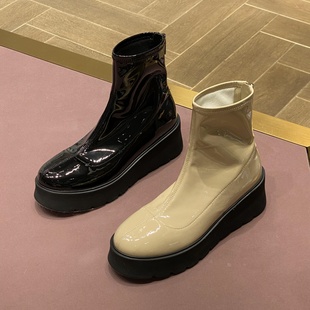 STELLALUNA坡跟靴圆头厚底增高百搭弹力靴短筒袜靴瘦瘦靴SL322127