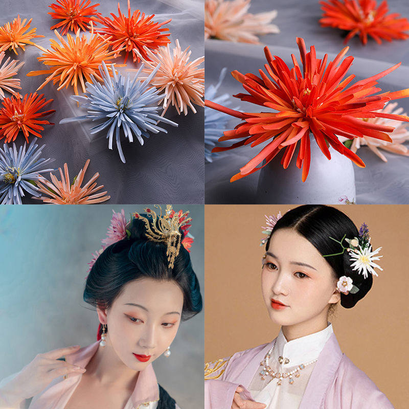 汉服古装蟹爪菊发簪绢花头饰配饰后压发夹唯美花朵宋制边夹古风簪