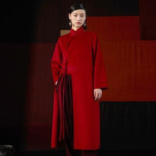 界内界外原创立领新中式 双面羊毛呢红色大衣外套J43D6024 过年装