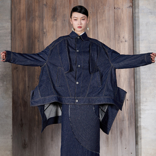 界内界外文艺复古牛仔中长款 外套中性男友宽松翻领慵懒风J43F719