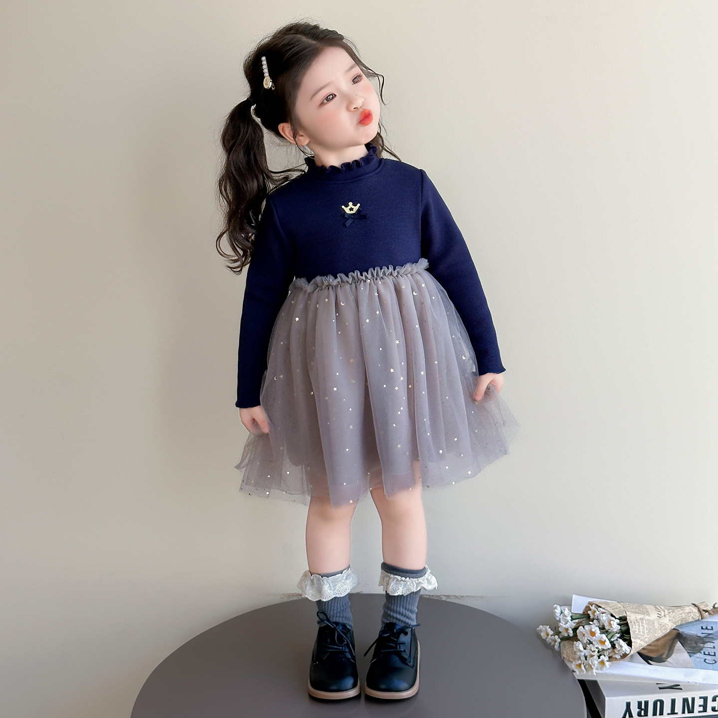 女宝宝冬装王冠加绒纱裙连衣裙