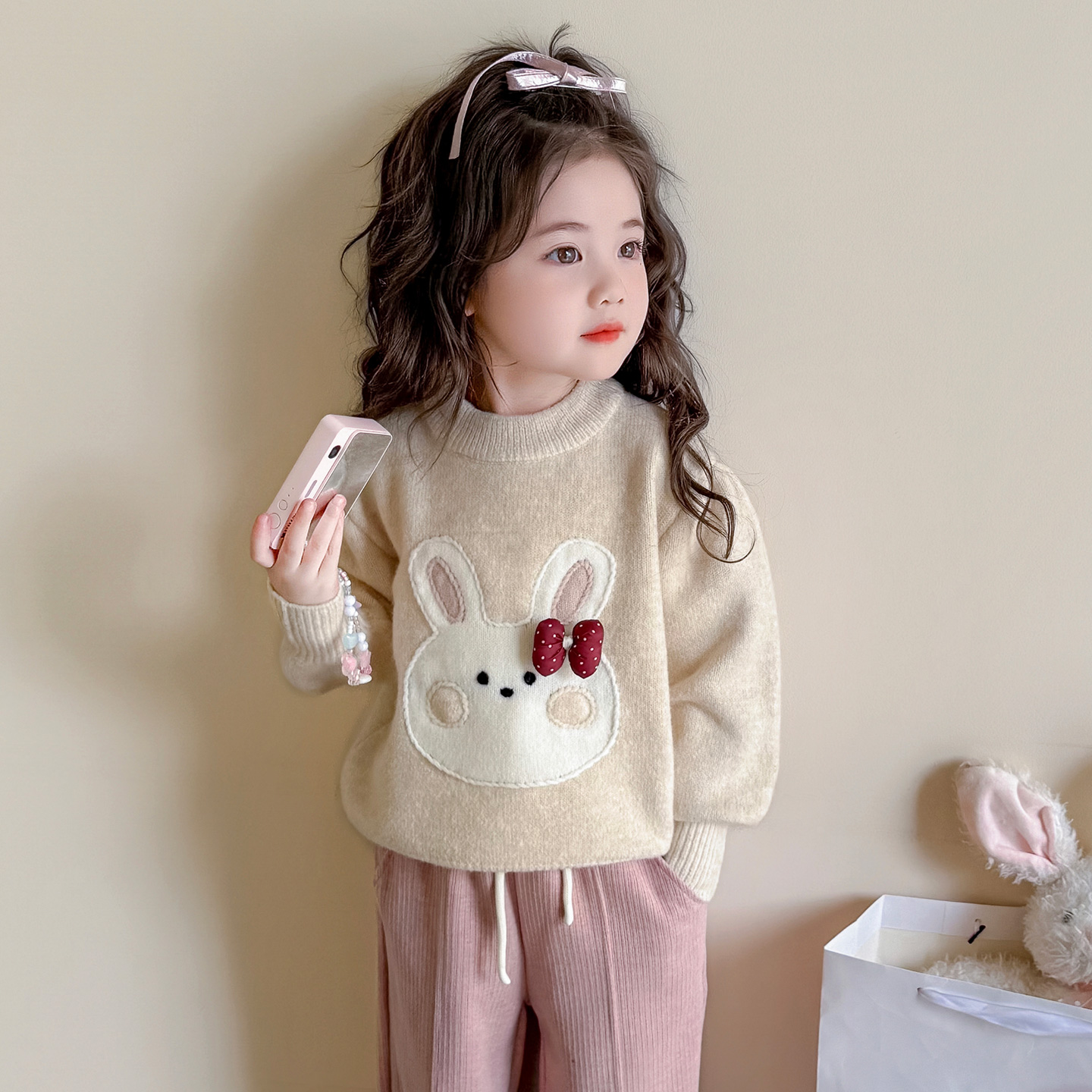 女宝宝冬装洋气小兔子加绒毛衣