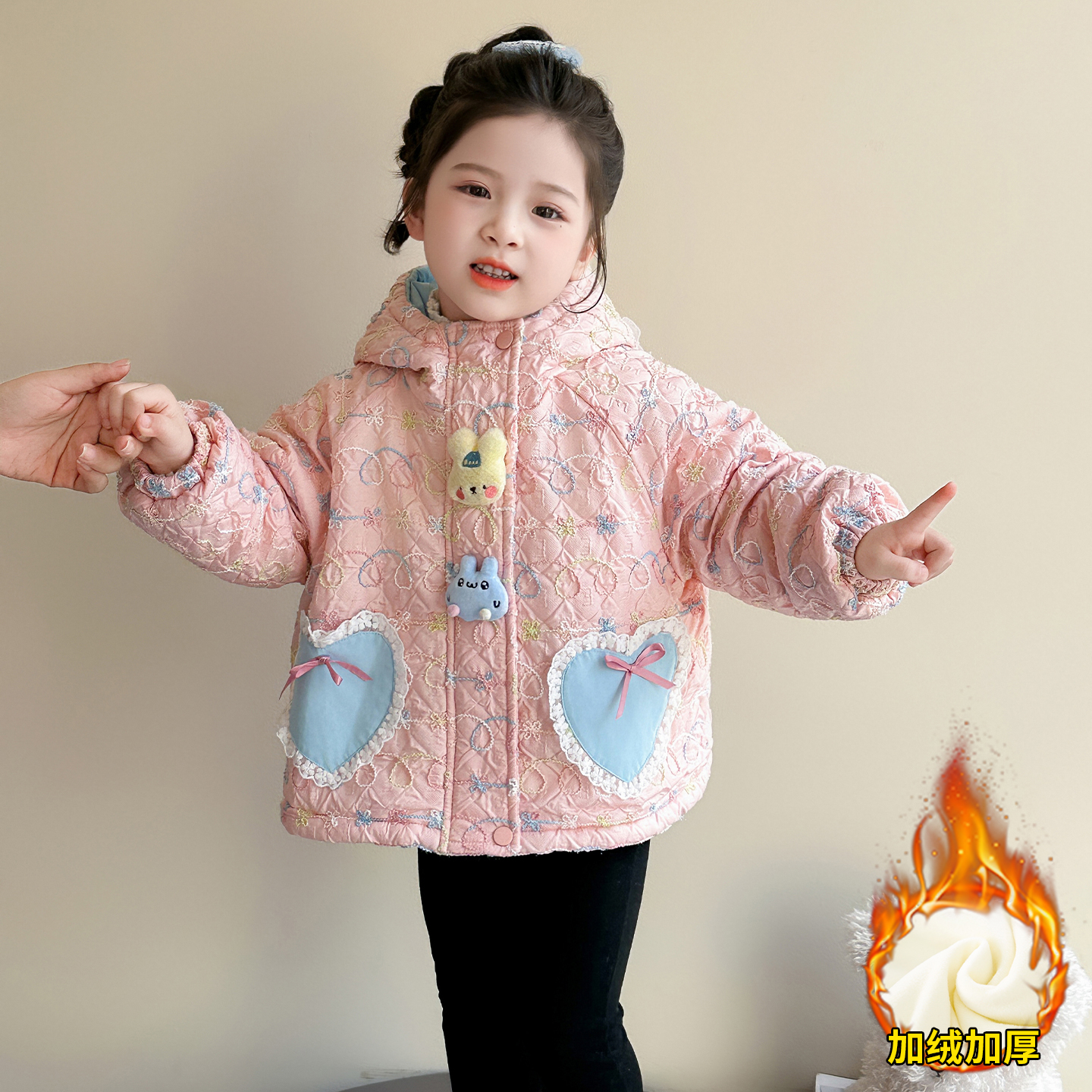 女宝宝冬装洋气蕾丝桃心加厚外套