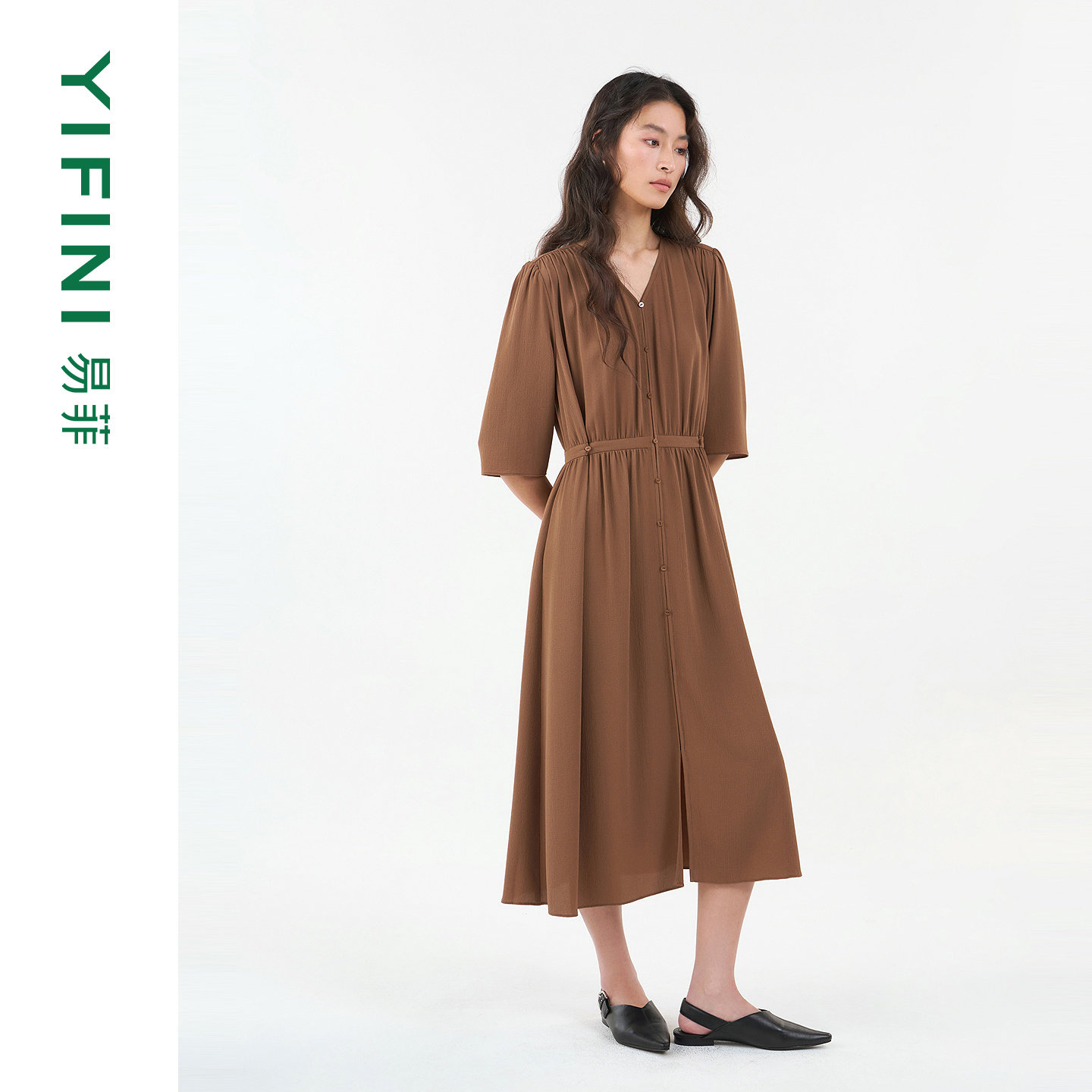 [专柜同款]Yifini/易菲法式V领优雅气质五分袖连衣裙春秋新款