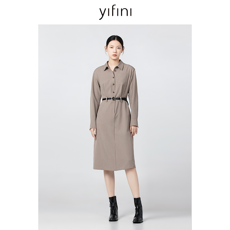 Yifini/易菲修身显瘦长袖连衣裙女秋冬款气质中长款衬衫裙