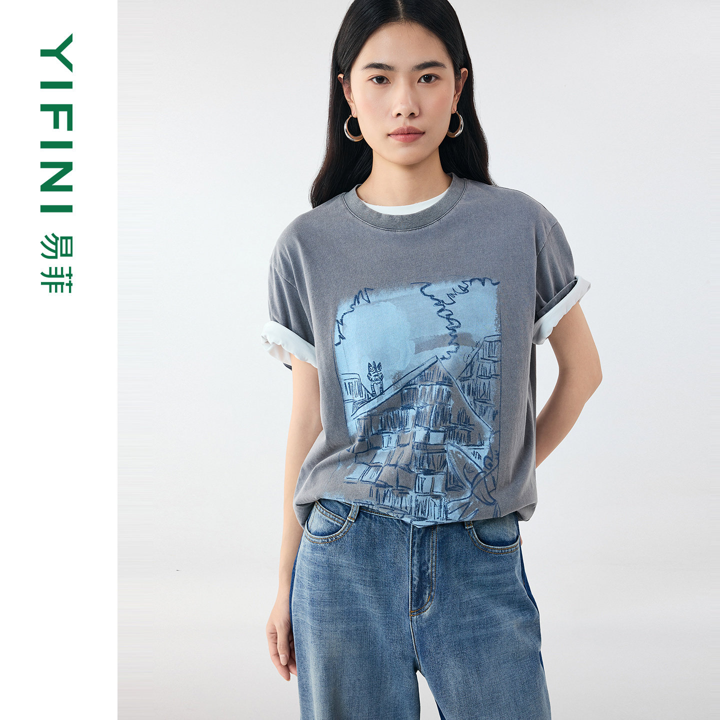 [专柜同款]Yifini/易菲100%纯棉蜡染工艺印花百搭T恤女2026夏新款