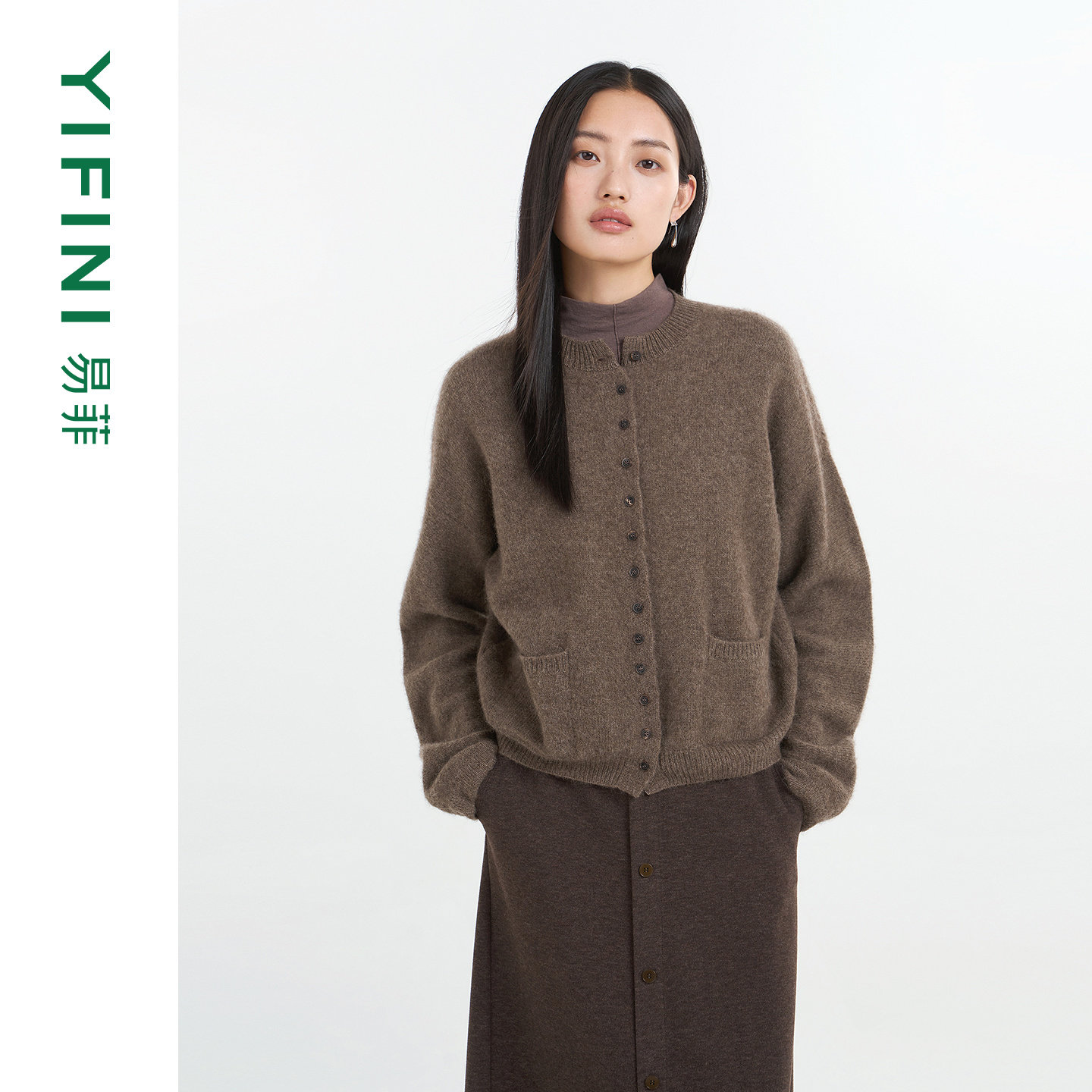 [专柜同款]Yifini/易菲绵羊毛牦牛绒混纺保暖宽松针织衫女外套