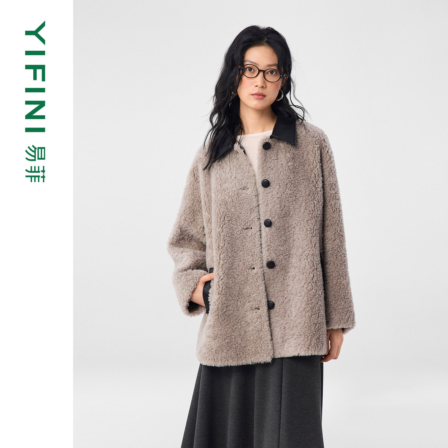 [专柜同款]Yifini/易菲100%绵羊毛优雅气质绒感宽松外套女上衣