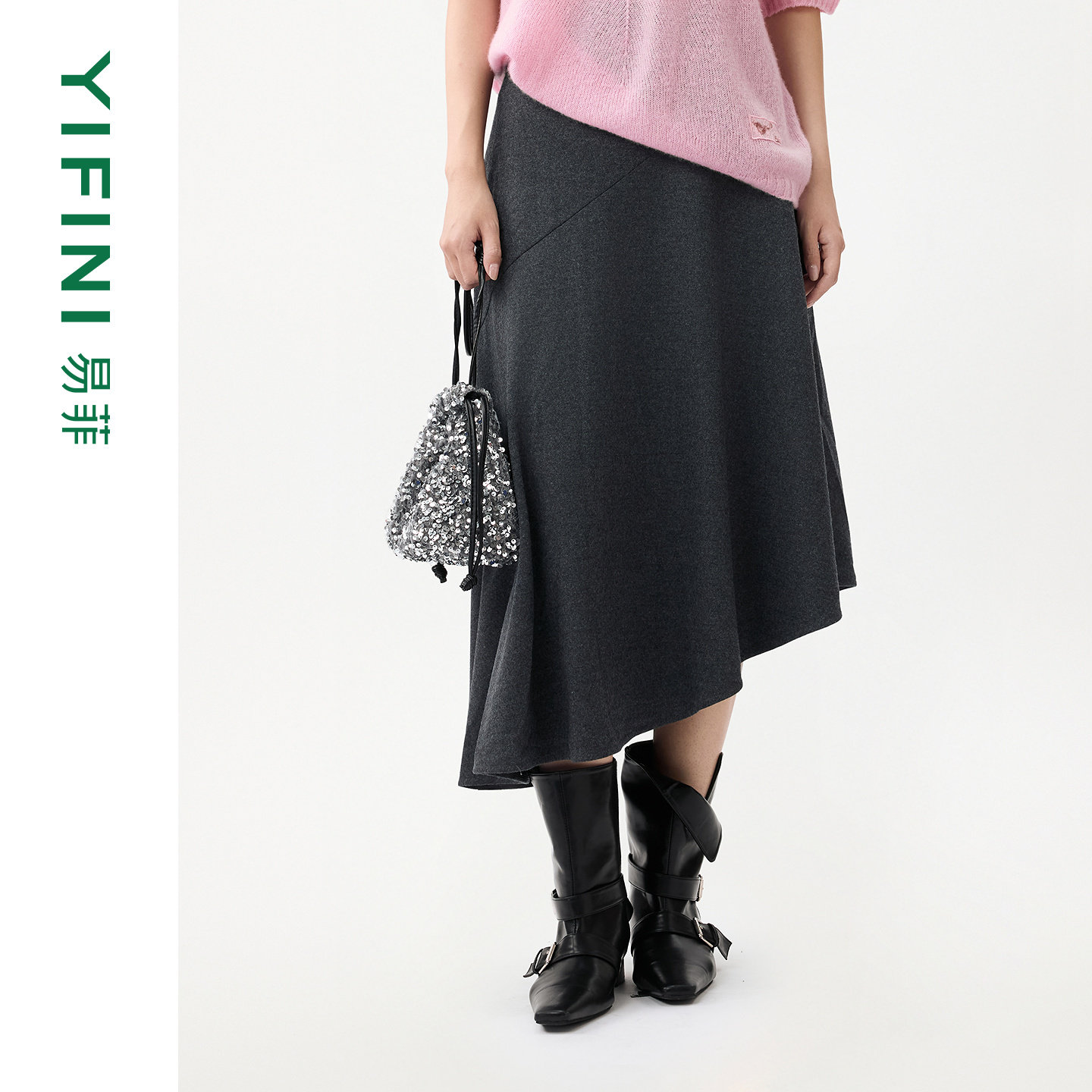 [专柜同款]Yifini/易菲羊毛混纺不对称A字裙针织裙中长款半身裙女,女装/女士精品,半身裙,淘宝优惠券,粉丝福利购,淘宝优惠卷