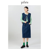 半裙女春秋新款 Yifini 易菲明线直筒中长款 纯棉牛仔半身裙