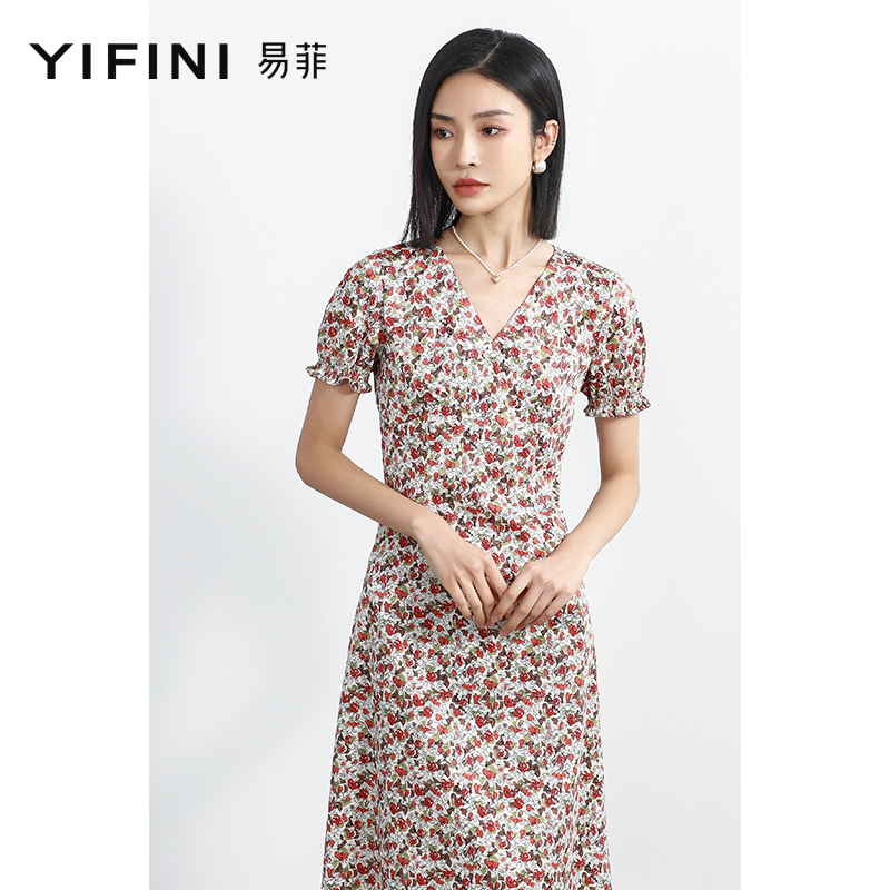 易菲V领短袖小碎花气质连衣裙