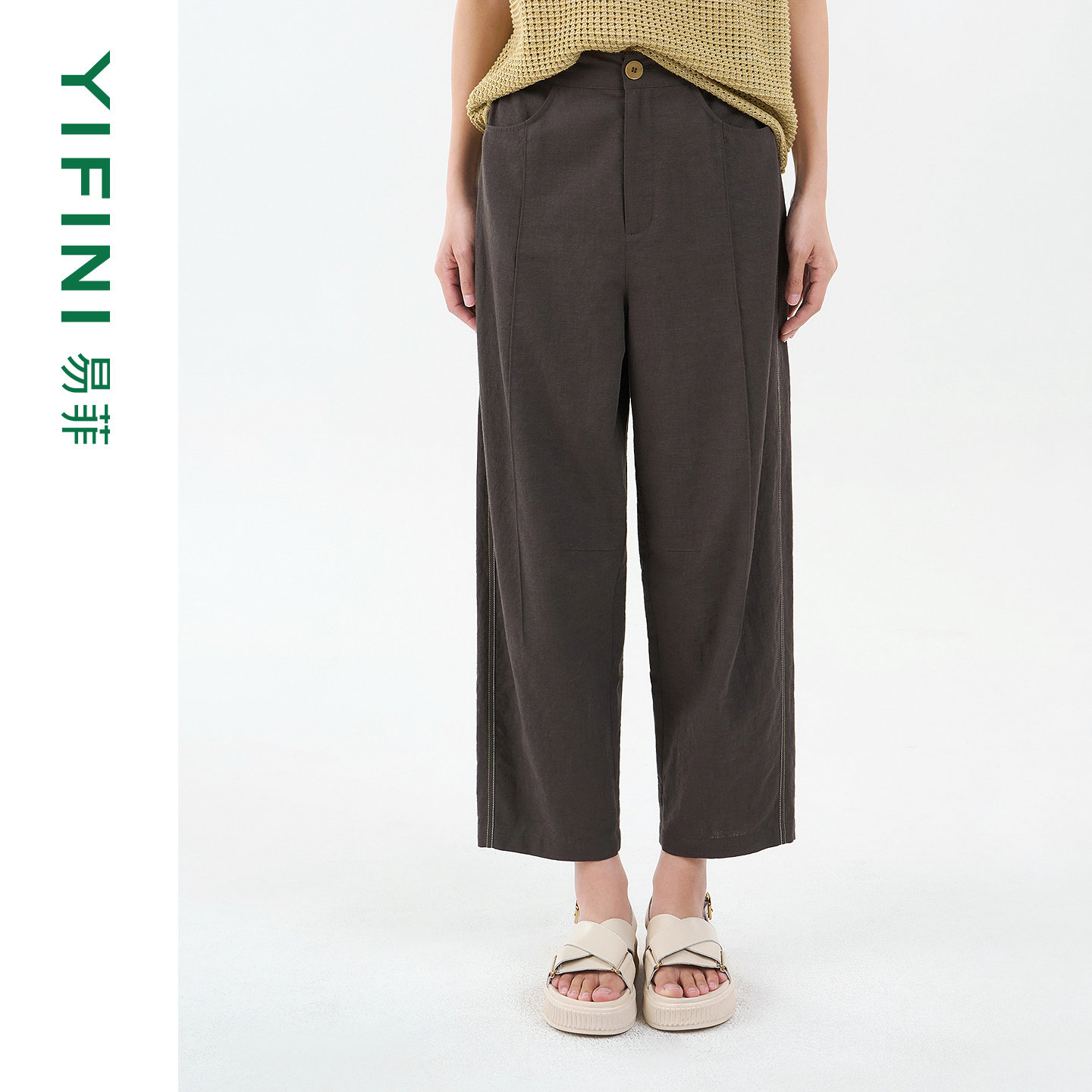[专柜同款]Yifini/易菲棉麻平纹时尚宽松休闲九分裤锥形裤小脚裤