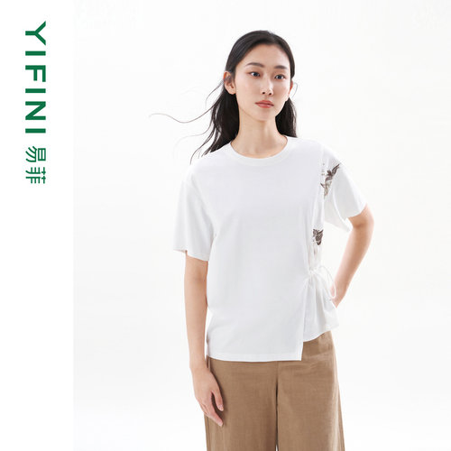 易菲绣花抽绳时尚宽松T恤女