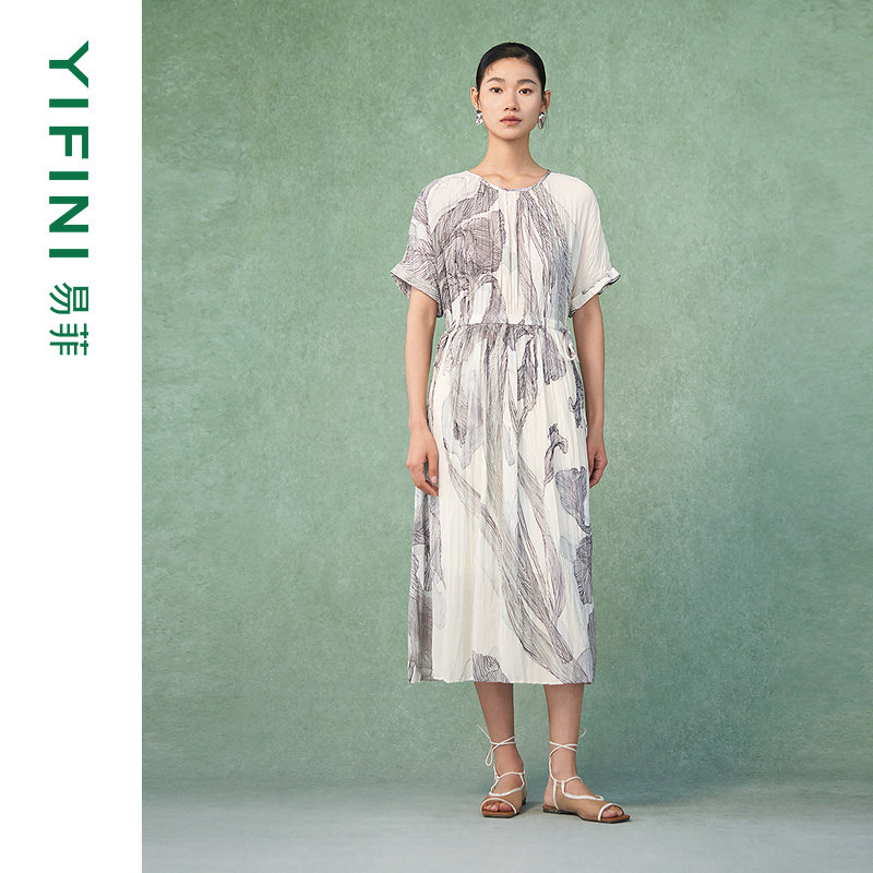 [专柜同款]Yifini/易菲高级感气质国风印花水墨文艺短袖连衣裙女