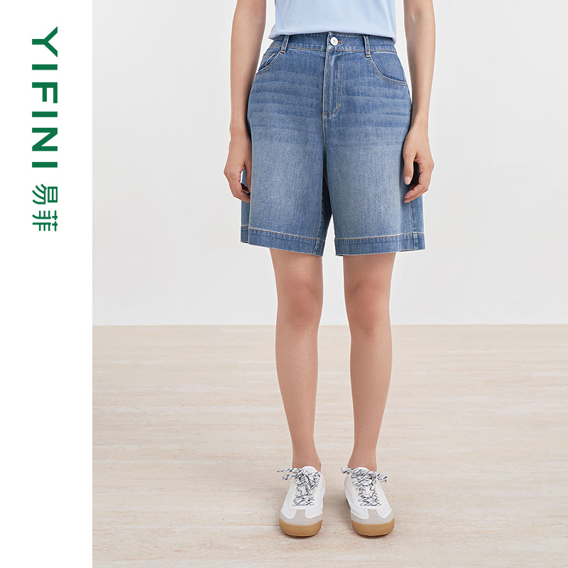 易菲丹宁蓝水洗短裤牛仔裤