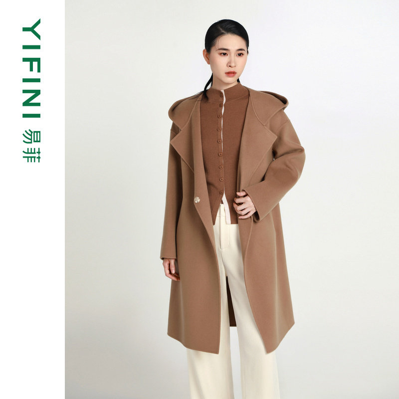[专柜同款]Yifini/易菲气质一粒扣连帽长款双面呢大衣宽松外套女,女装/女士精品,毛呢外套,淘宝优惠券,粉丝福利购,淘宝优惠卷