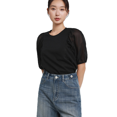 易菲宽松短款拼接圆领小衫