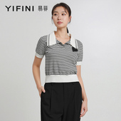 专柜同款 女夏季 Yifini 易菲翻领黑白条纹短款 通勤针织衫 新款 款