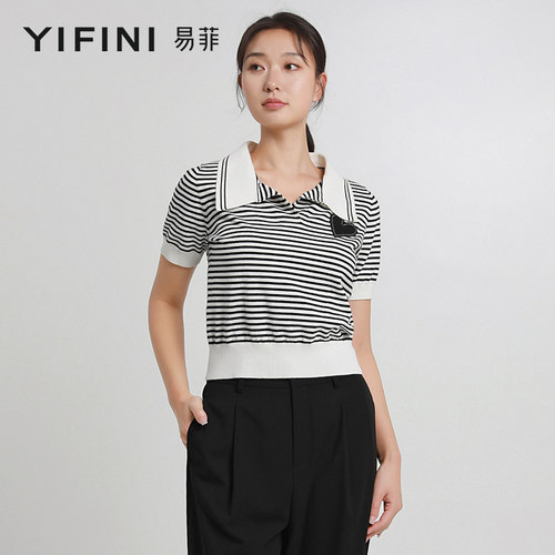 易菲翻领黑白条纹通勤针织衫
