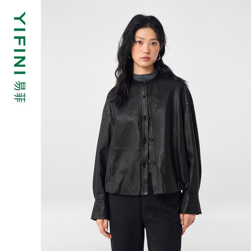 易菲羊皮革气质百搭宽松短款皮衣