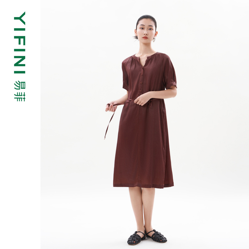 易菲香云纱真丝H型短袖连衣裙