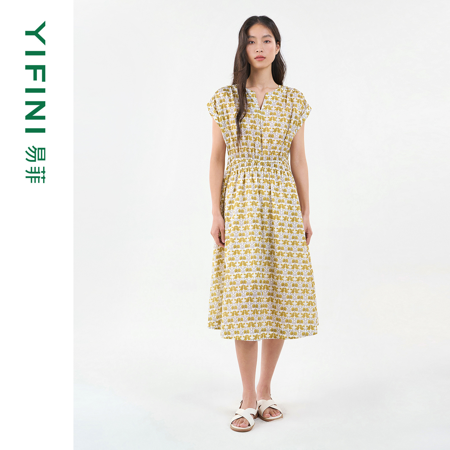 易菲纯棉复古印花立体收褶连衣裙