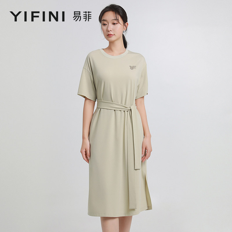 易菲气质通勤直筒系带连衣裙