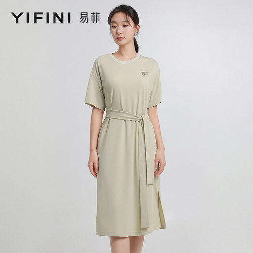 易菲气质通勤直筒系带连衣裙