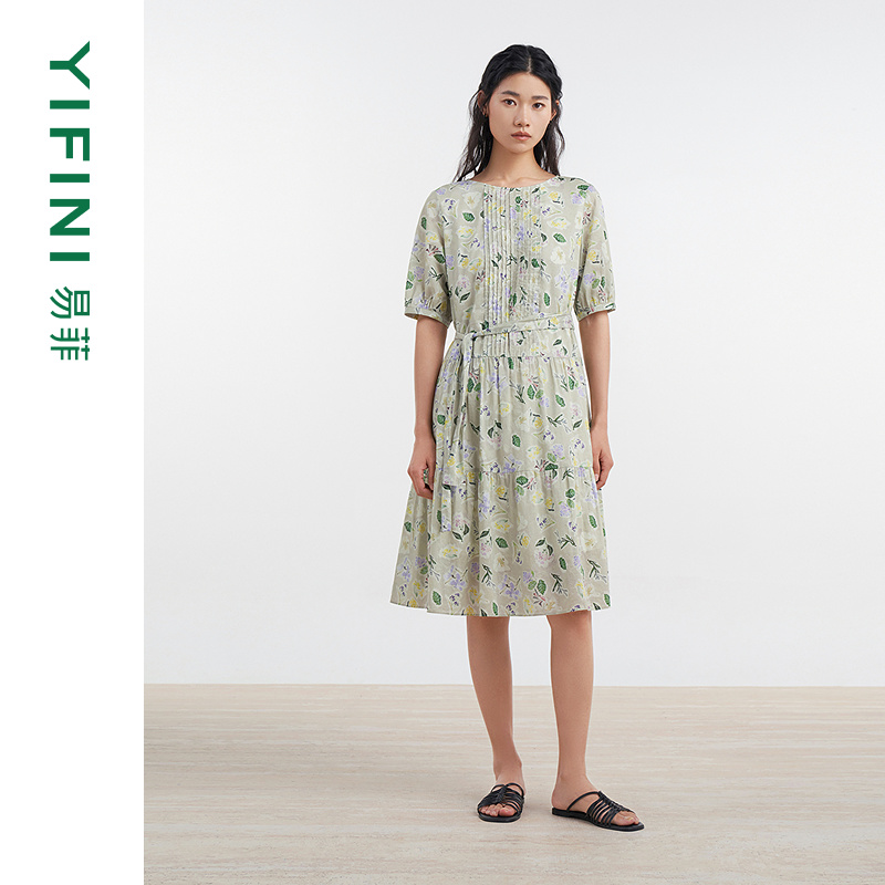 易菲高支纯棉碎花中长款连衣裙