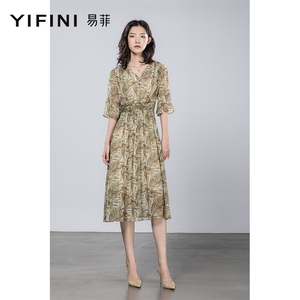 Yifini/易菲印花V领宽松雪纺薄款连衣裙女夏季新款中长款裙子