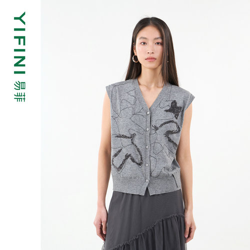 易菲羊毛混纺宽松V领针织马甲
