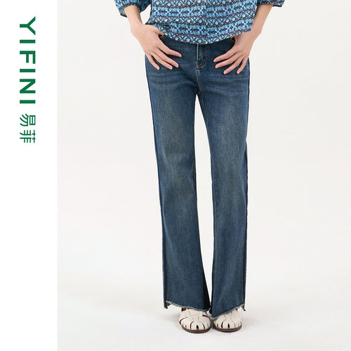 易菲修身显瘦复古微喇裤