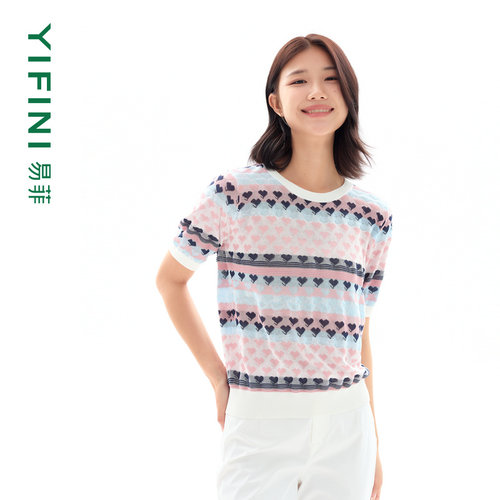 易菲创意提花仿亚麻短款针织衫