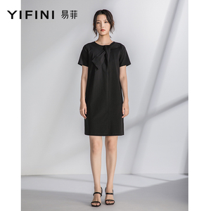 Yifini/易菲直筒黑色短袖连衣裙女夏装新款优雅气质连衣裙